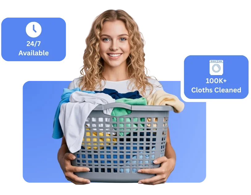 Woman holding a basket of clean clothes with text showing 24/7 laundry service and 100K+ clothes cleaned.