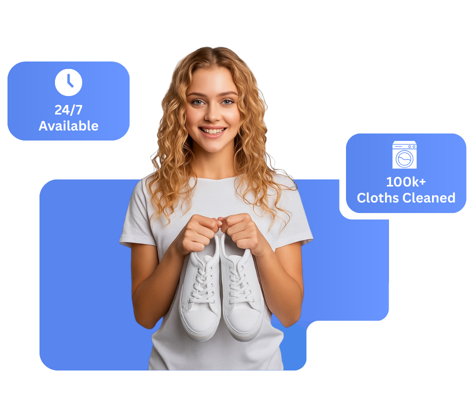 Smiling woman holding white sneakers with laundry service icons showing 24/7 availability and 100K+ clothes cleaned.