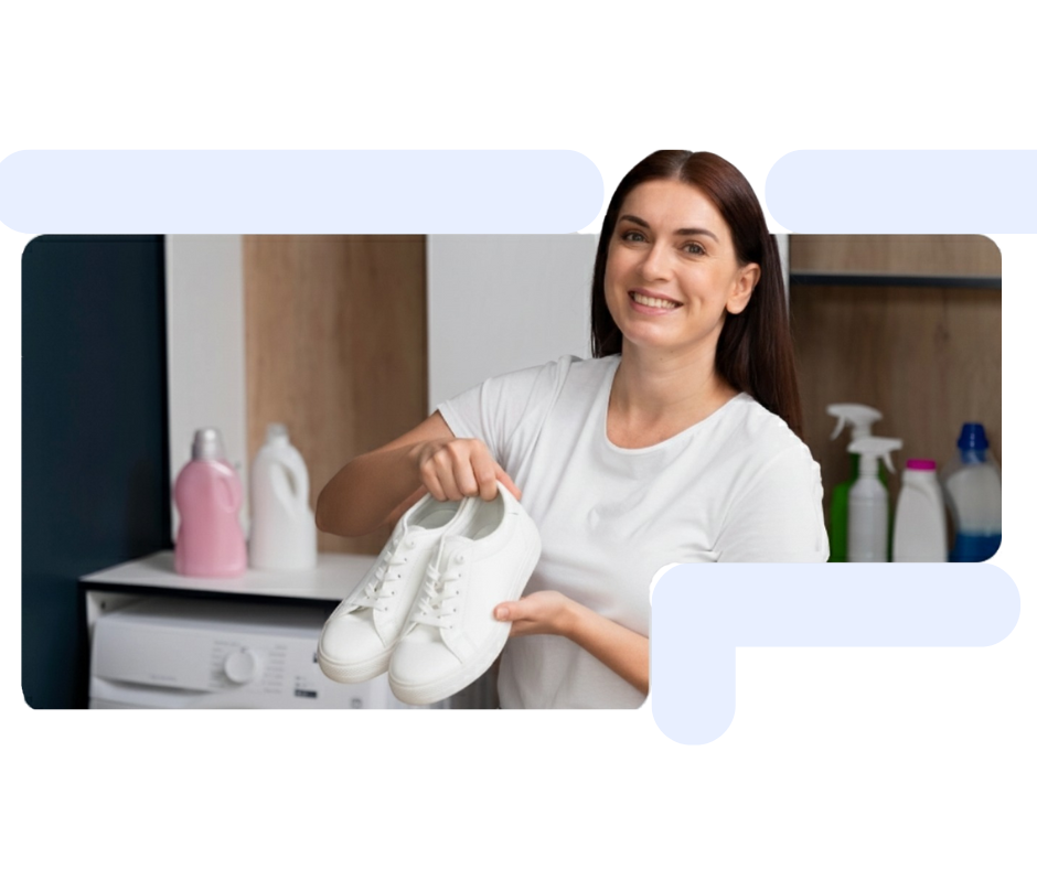 Smiling woman holding clean white sneakers in a laundry room with detergents in the background.