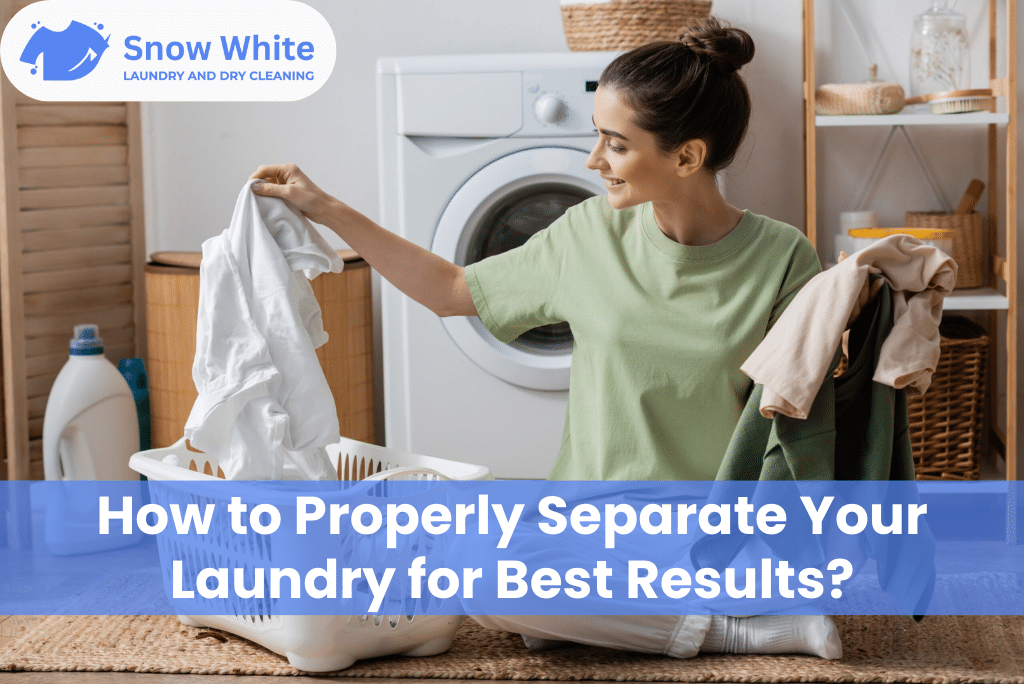 Woman sorting laundry into whites and colours while sitting near a washing machine — Snow White Laundry and Dry Cleaning.
