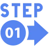 STEP 01 Blue step 1 icon with the word STEP, the number 01 inside a circle, and a right-pointing arrow.