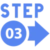 STEP 03 Blue step 3 icon with the word STEP, the number 03 inside a circle, and a right-pointing arrow.